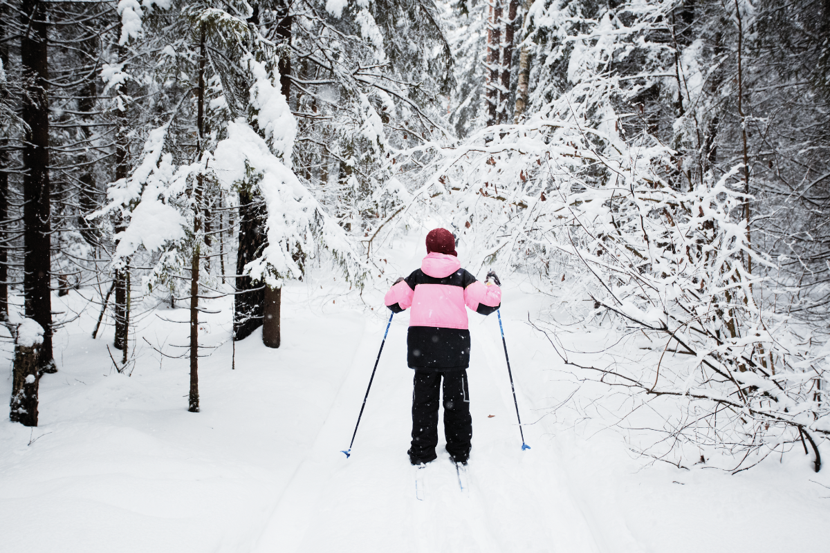 young girl going cross country skilling in the woods. She is wearing a pink and black jacket.