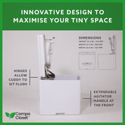 Side image of Cuddy Composting toilet with dimensions. Innovative design to maximise space - needs no gap at the back.